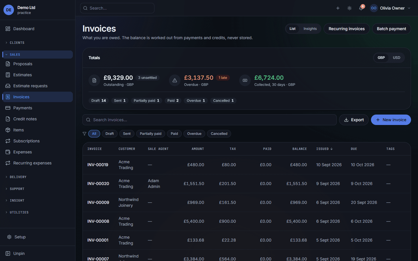 The invoices list: totals per currency, status counts, and the invoice table with amount, tax, paid and balance columns.